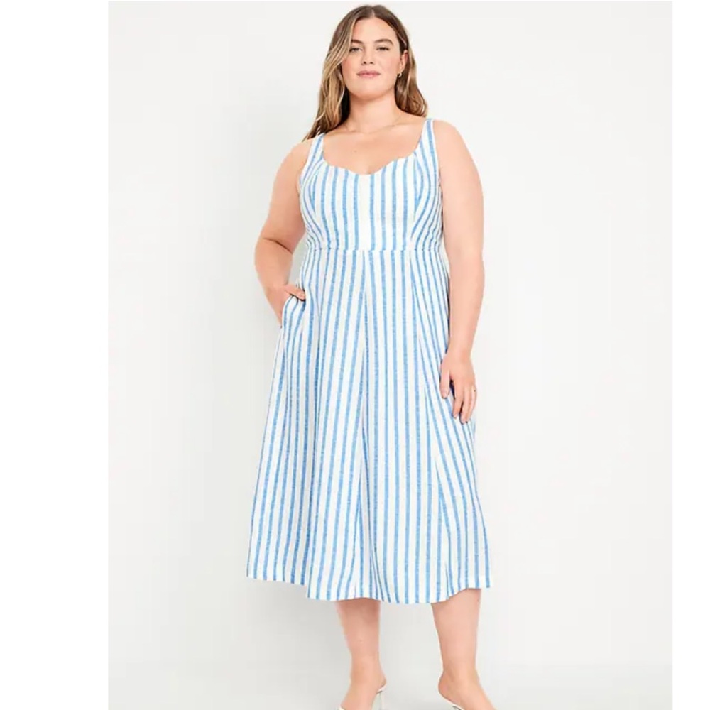 Fit & Flare Sleeveless Linen-Blend Midi Dress, blue white stripe, size XLP NWT